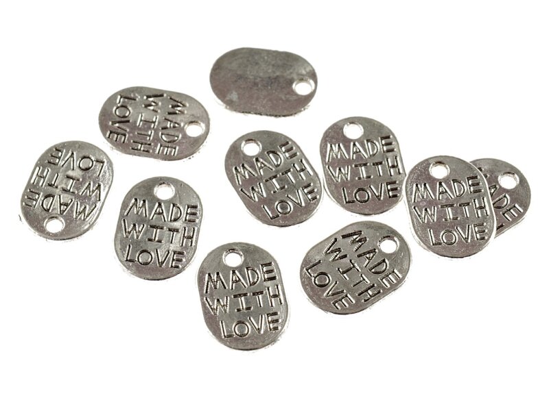 20 ovale "Made with love"Anhänger  in antik silberfarben