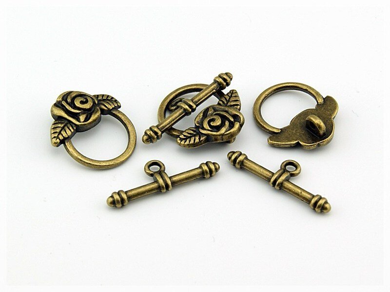 5 Knebelverschlüsse als Rose in Vintage bronze
