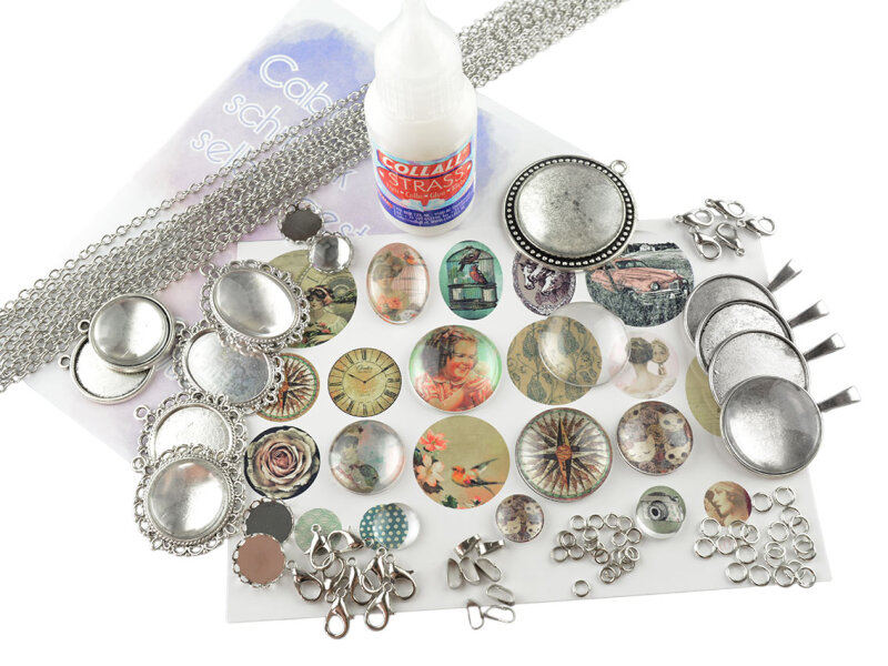 Set KLARA Anfänger Cabochonset "Vintage" für Anhänger in silberfarben